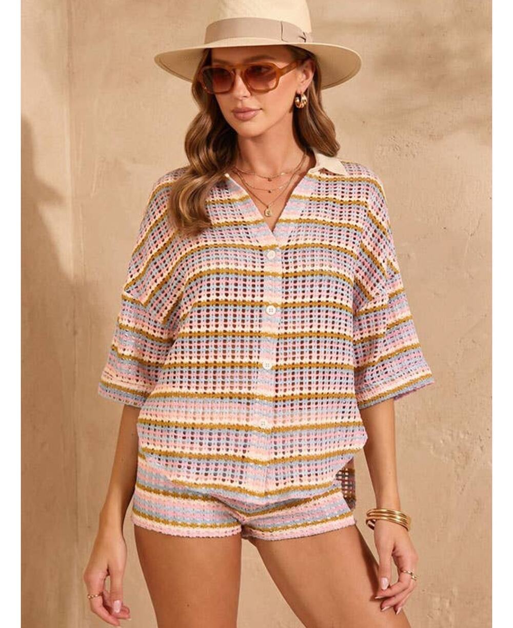 NWT Timing Open-Knit Pastel Stripe Shirt & Shorts 2-Piece Set Large